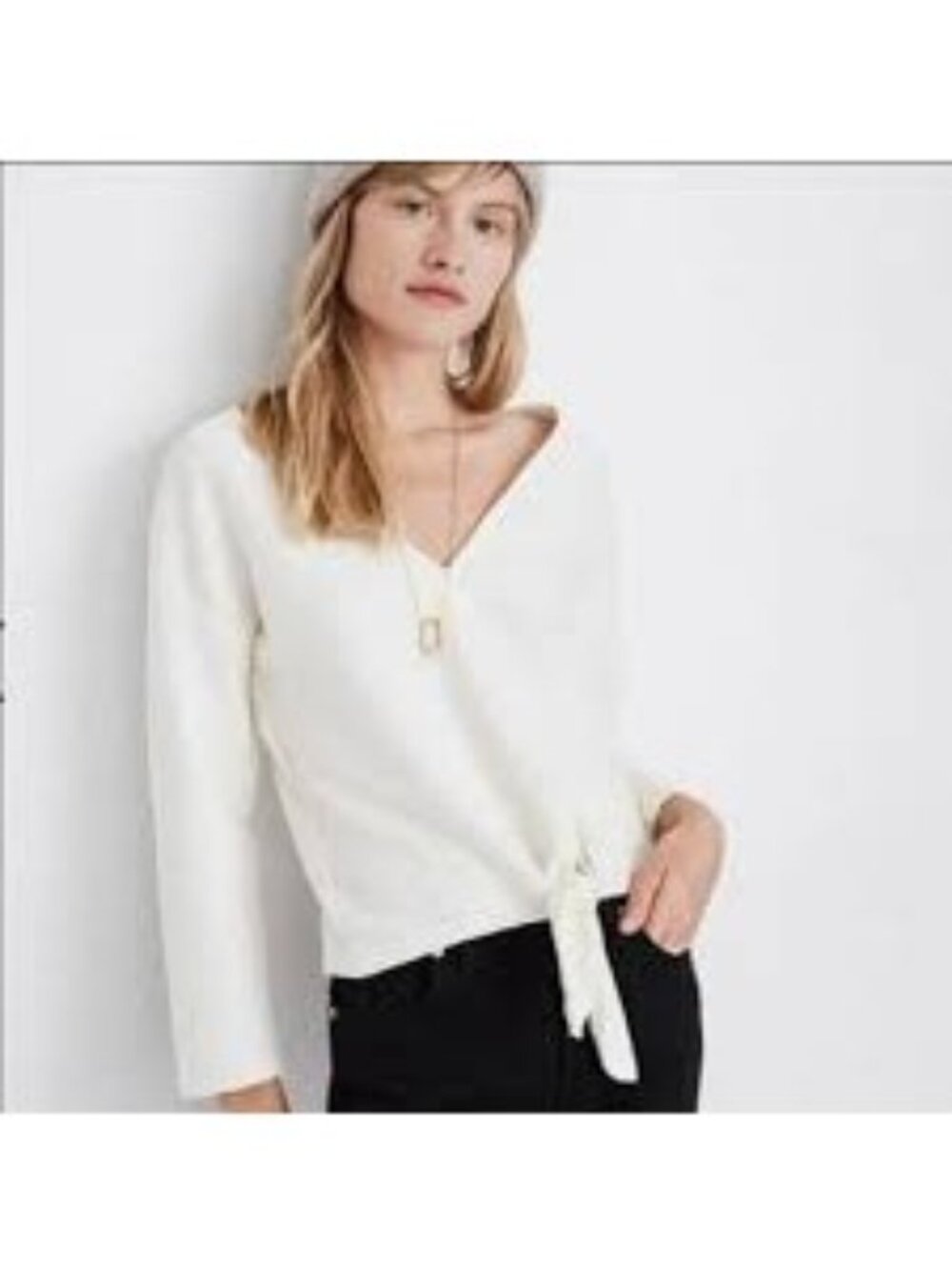 Madewell Texture & Thread Women's Long Sleeve V Neckline Pullover Top Cream Sz M